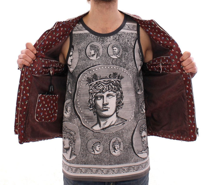 Men’s Dolce &amp; Gabbana Bordeaux Leather Boxer Print Jacket Coat