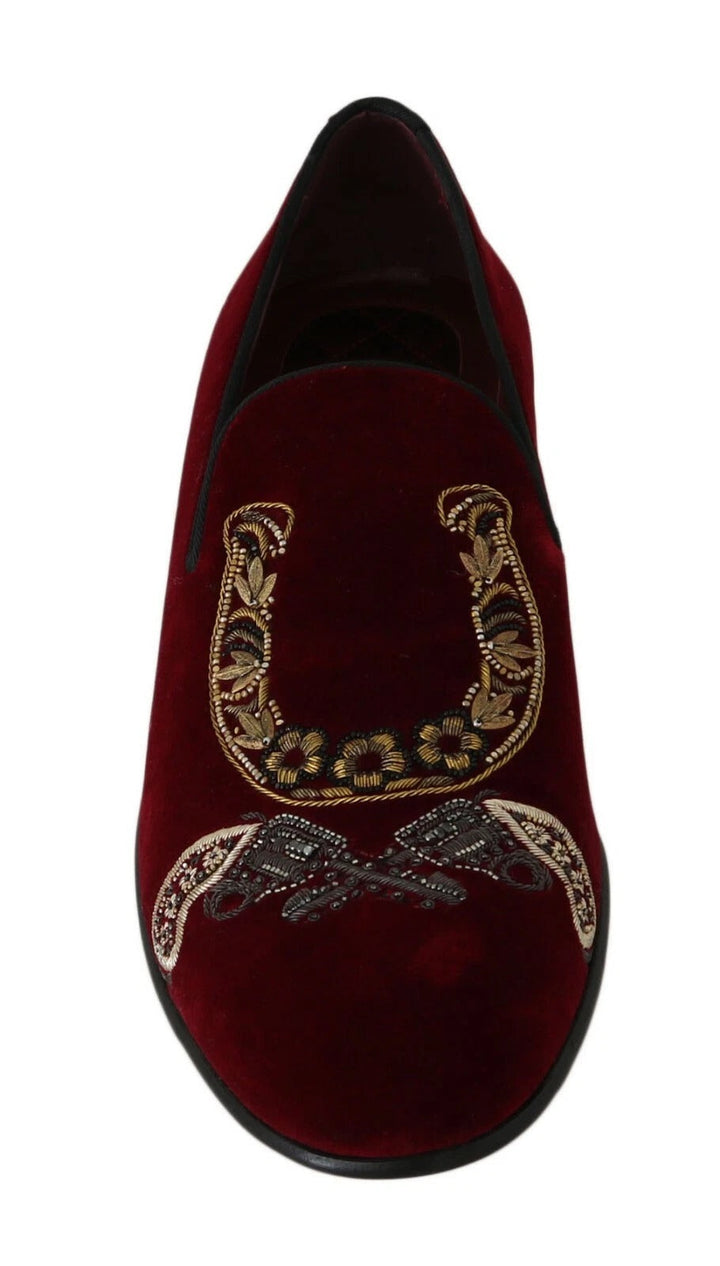 Men’s Dolce &amp; Gabbana Bordeaux Velvet Loafers Gun Horseshoe Shoes