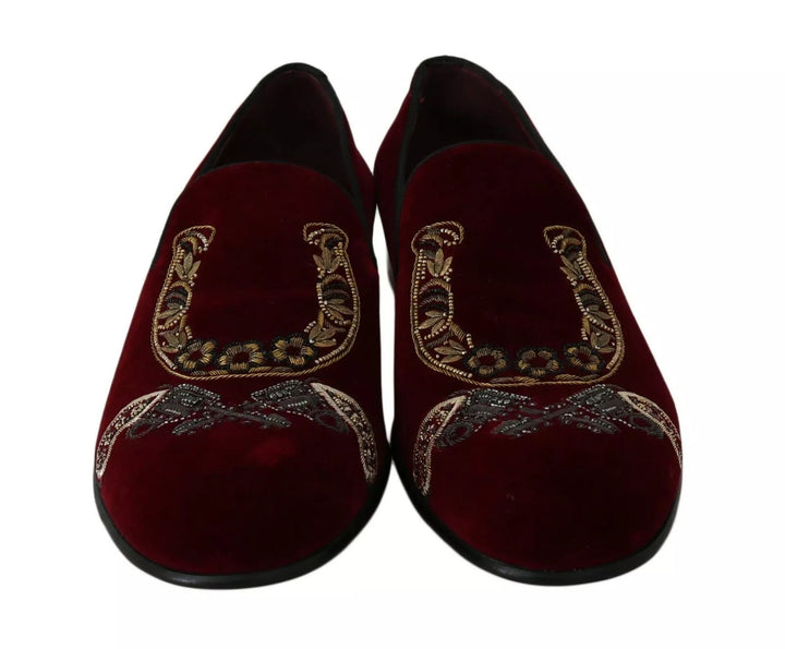 Men’s Dolce &amp; Gabbana Bordeaux Velvet Loafers Gun Horseshoe Shoes