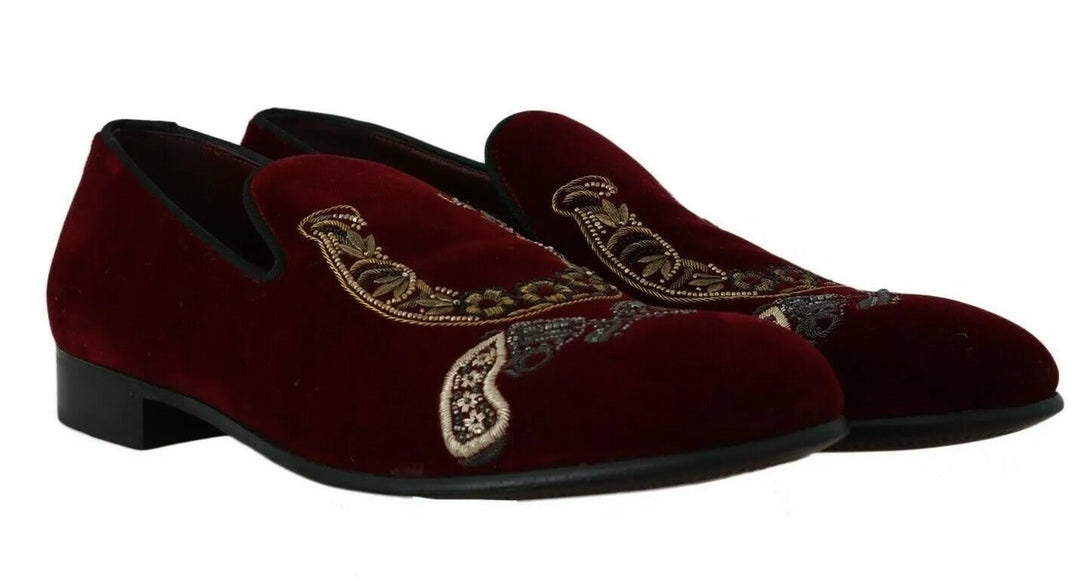 Men’s Dolce &amp; Gabbana Bordeaux Velvet Loafers Gun Horseshoe Shoes