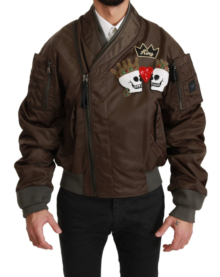 Men’s Dolce &amp; Gabbana Brown Beaded Crown Skull Logo Jacket