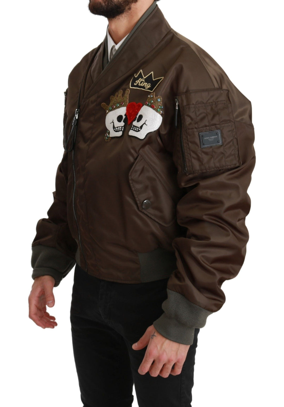 Men’s Dolce &amp; Gabbana Brown Beaded Crown Skull Logo Jacket