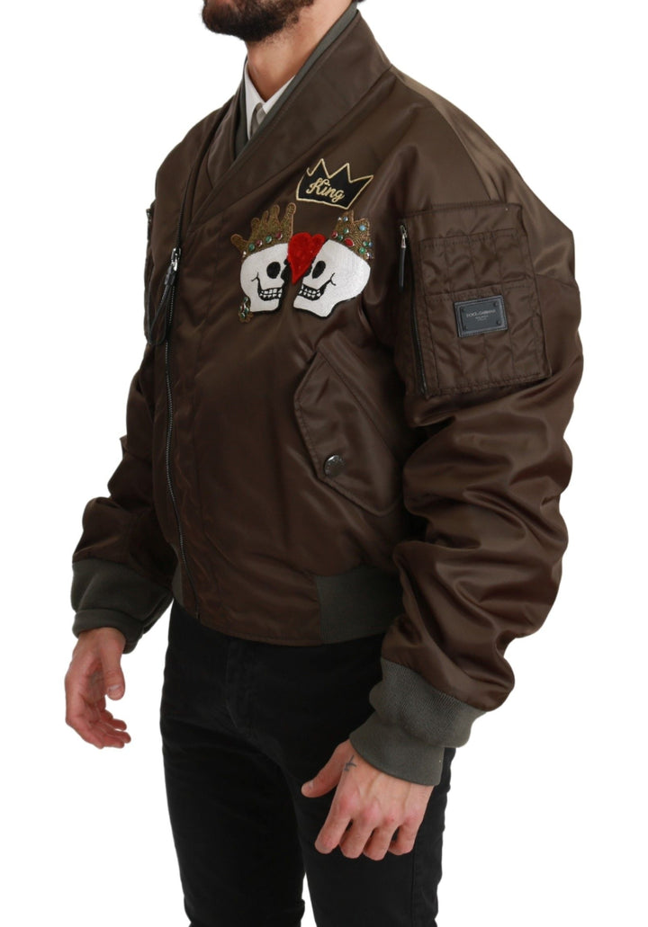 Men’s Dolce &amp; Gabbana Brown Beaded Crown Skull Logo Jacket