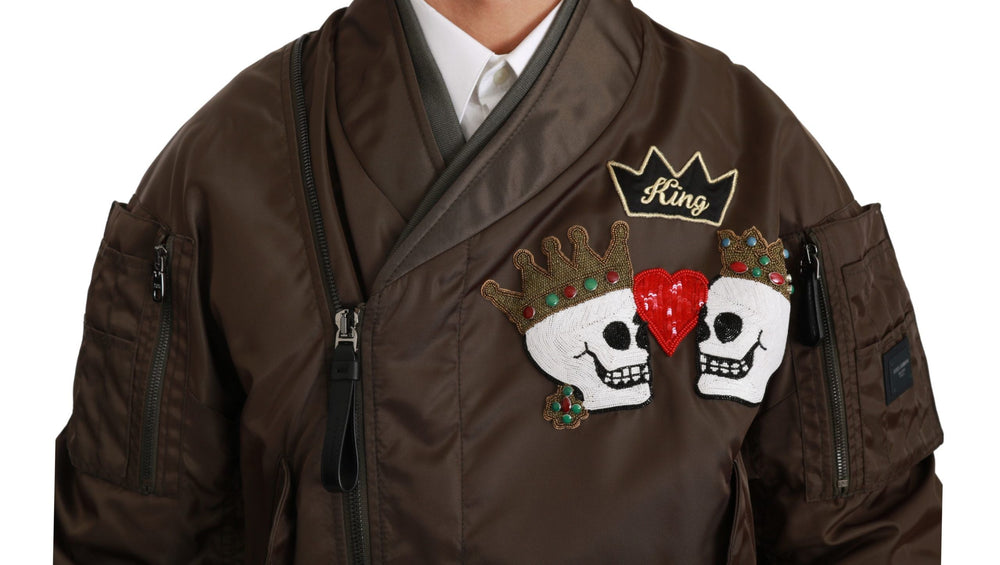 Men’s Dolce & Gabbana Brown Beaded Crown Skull Logo Jacket