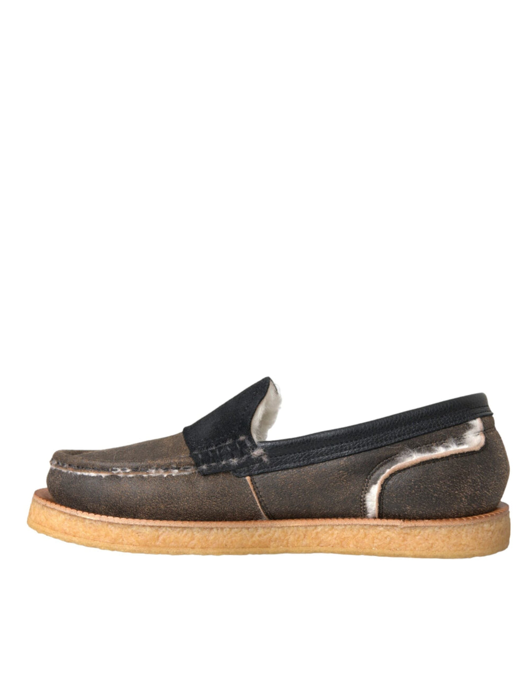 Men’s Dolce &amp; Gabbana Brown Black Fur Leather Loafers Men Shoes