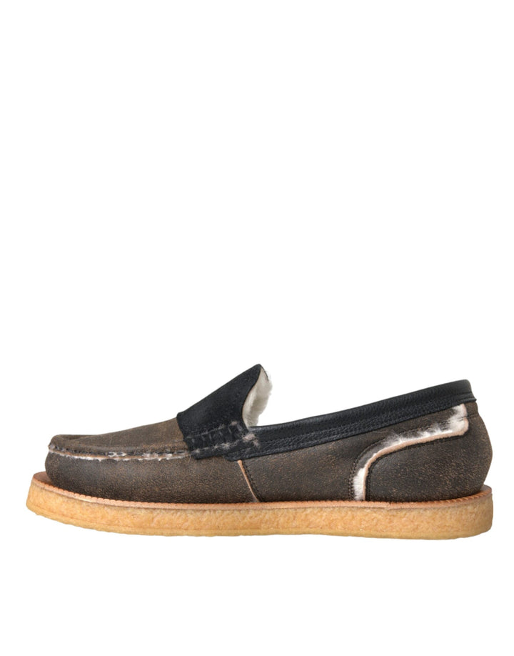 Men’s Dolce &amp; Gabbana Brown Black Fur Leather Loafers Men Shoes
