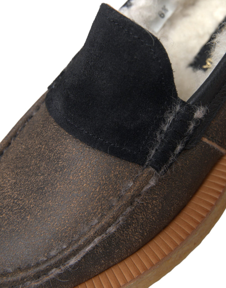 Men’s Dolce &amp; Gabbana Brown Black Fur Leather Loafers Men Shoes