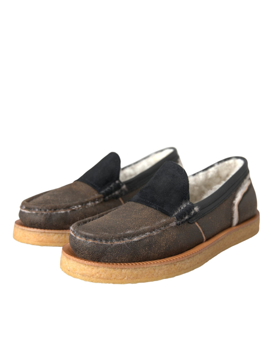 Men’s Dolce &amp; Gabbana Brown Black Fur Leather Loafers Men Shoes