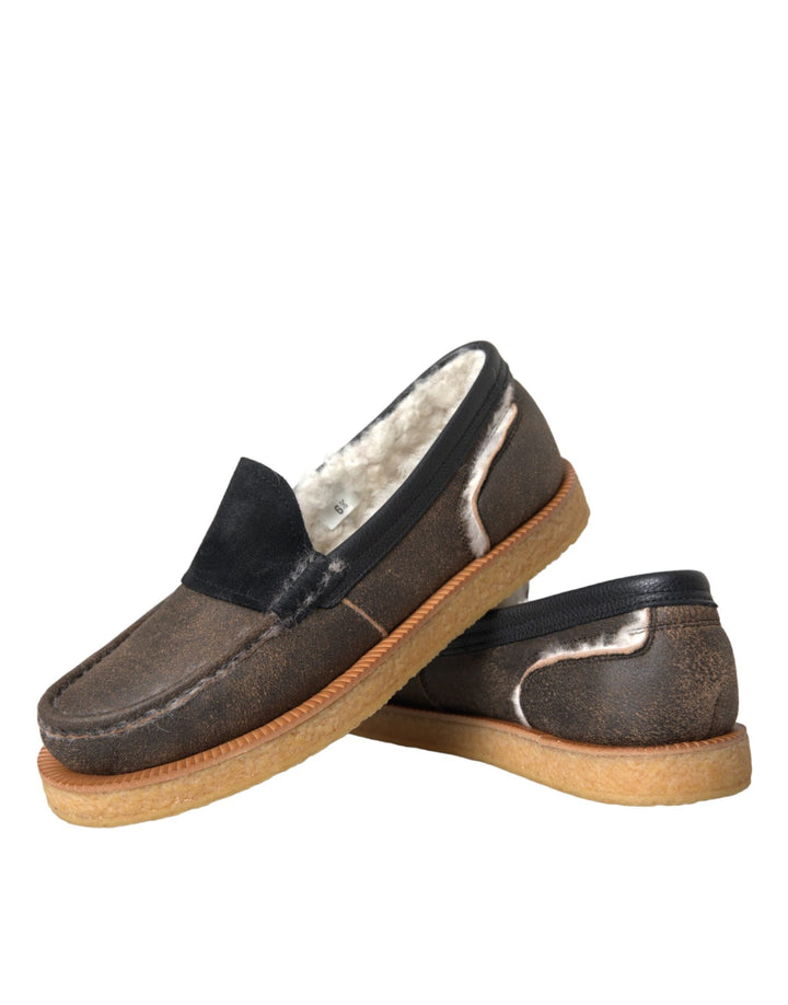 Men’s Dolce &amp; Gabbana Brown Black Fur Leather Loafers Men Shoes