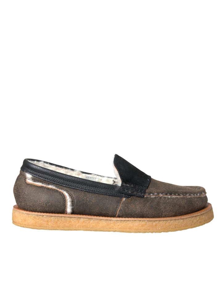Men’s Dolce &amp; Gabbana Brown Black Fur Leather Loafers Men Shoes