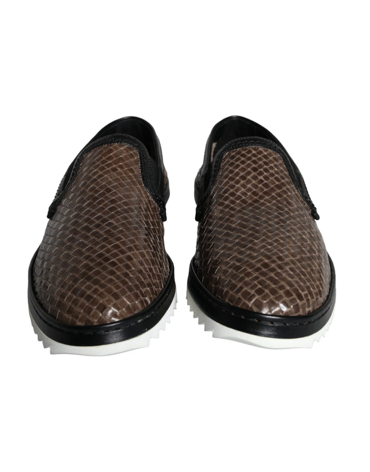 Men’s Dolce &amp; Gabbana Brown Black Leather Weaved Men Loafers Shoes