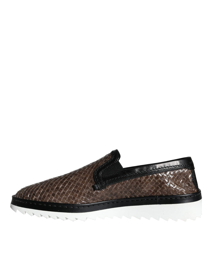 Men’s Dolce &amp; Gabbana Brown Black Leather Weaved Men Loafers Shoes