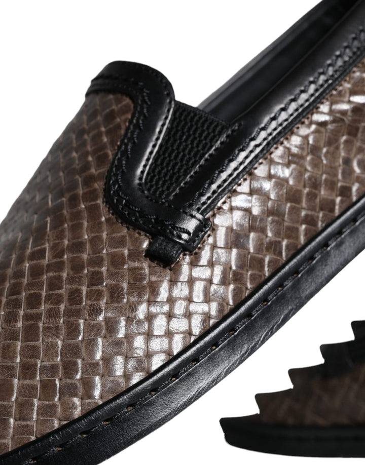 Men’s Dolce &amp; Gabbana Brown Black Leather Weaved Men Loafers Shoes