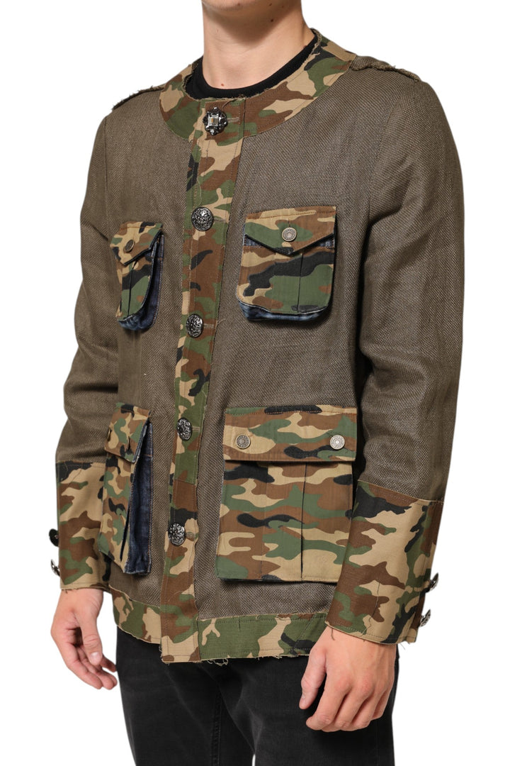 Men’s Dolce &amp; Gabbana Brown Camouflage Linen Button Down Jacket