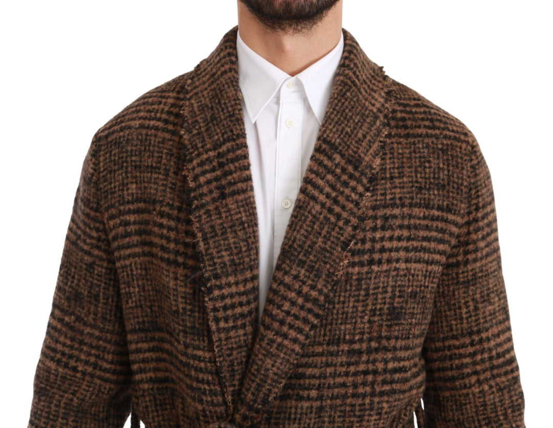 Men’s Dolce &amp; Gabbana Brown Checkered Wool Robe Coat Wrap Jacket