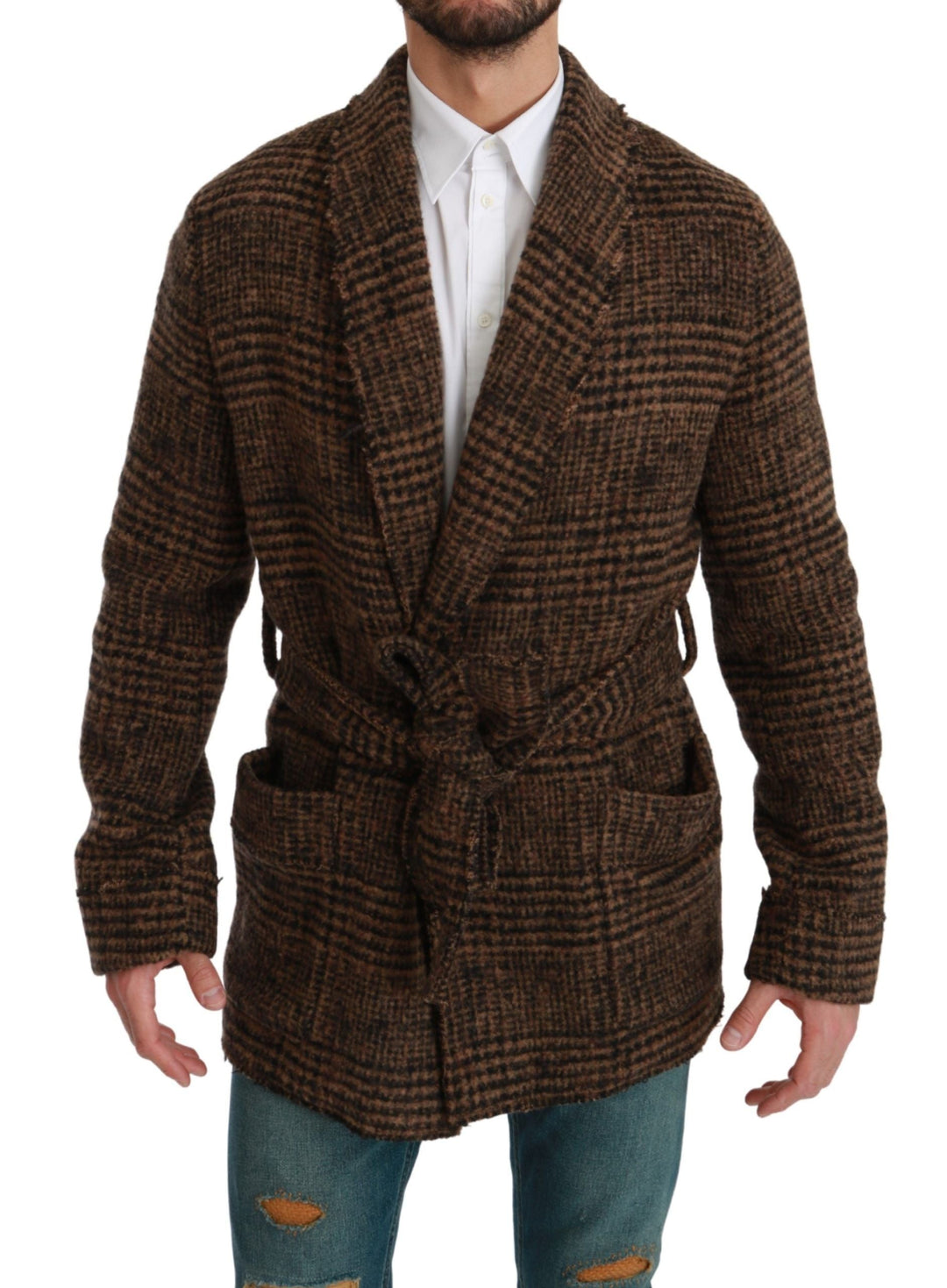 Men’s Dolce & Gabbana Brown Checkered Wool Robe Coat Wrap Jacket
