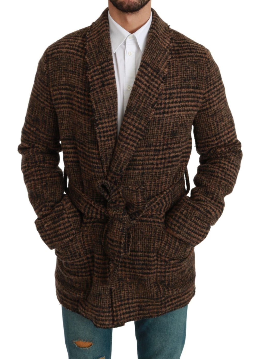 Men’s Dolce & Gabbana Brown Checkered Wool Robe Coat Wrap Jacket