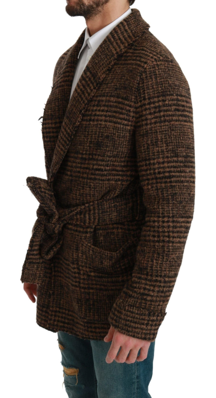 Men’s Dolce &amp; Gabbana Brown Checkered Wool Robe Coat Wrap Jacket
