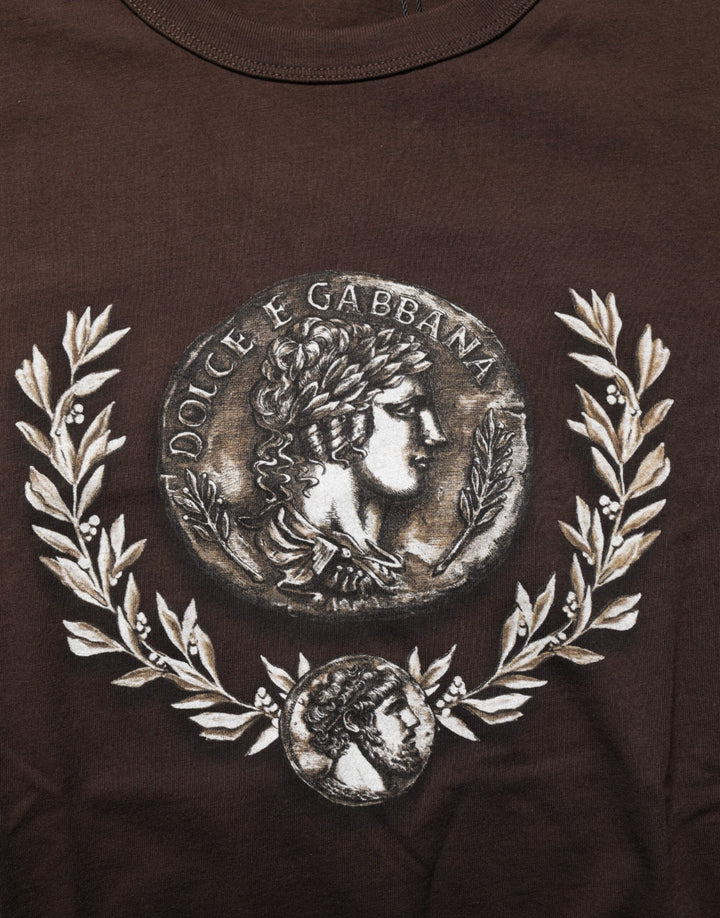 Dolce &amp; Gabbana Brown Coin Laurel Print Men Crew Neck T-shirt