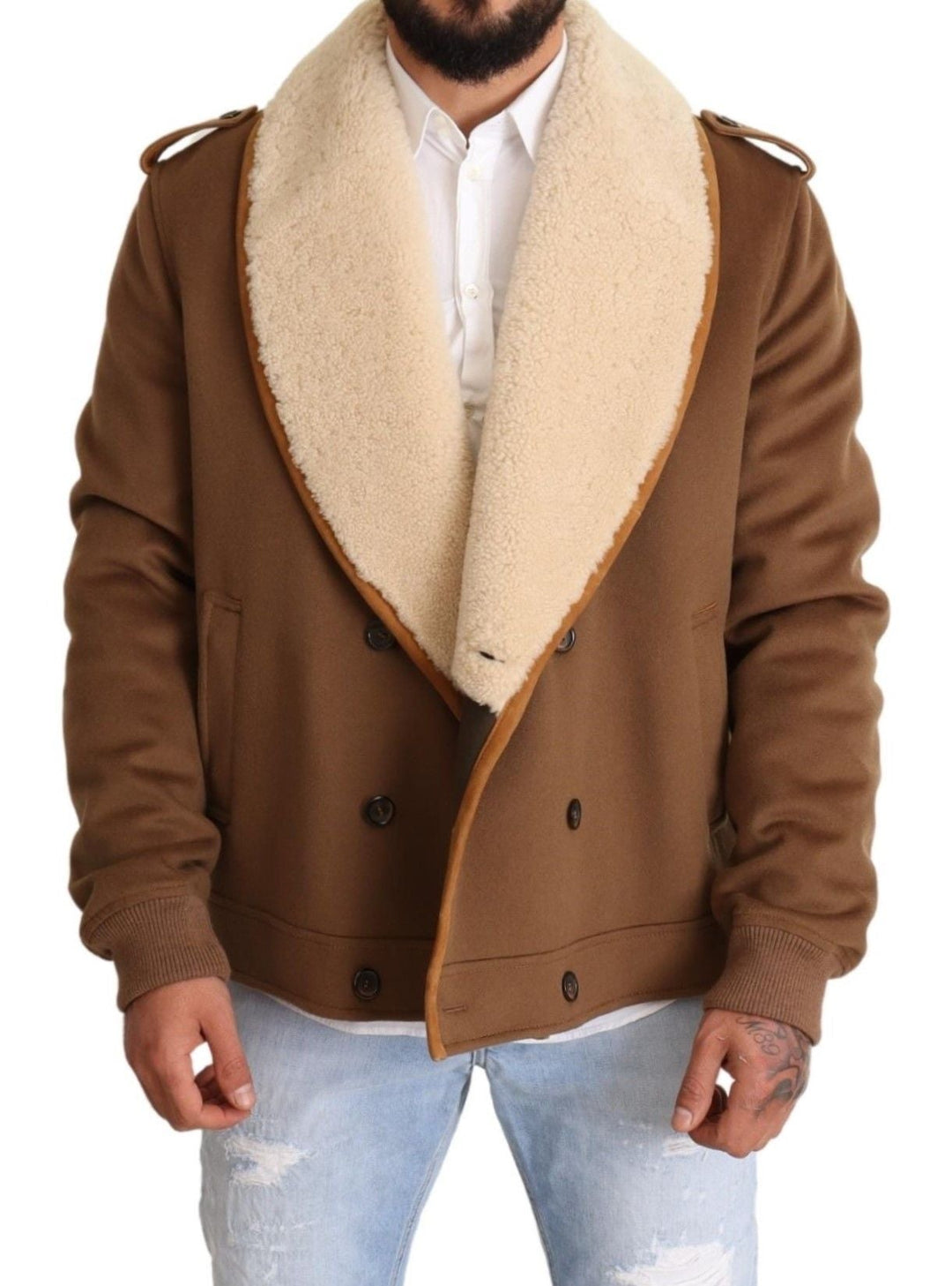 Men’s Dolce &amp; Gabbana Brown Double Breasted Shearling Coat Jacket