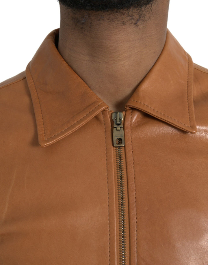 Men’s Dolce &amp; Gabbana Brown Lamb Leather Full Zip Blouson Jacket
