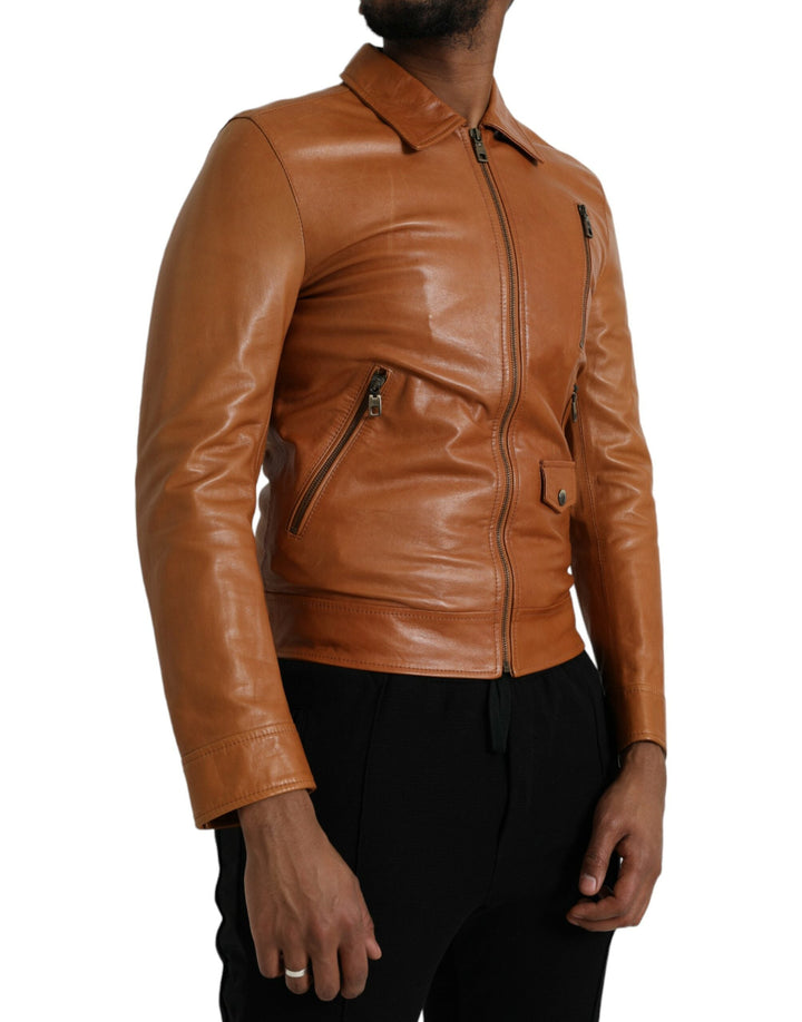 Men’s Dolce &amp; Gabbana Brown Lamb Leather Full Zip Blouson Jacket