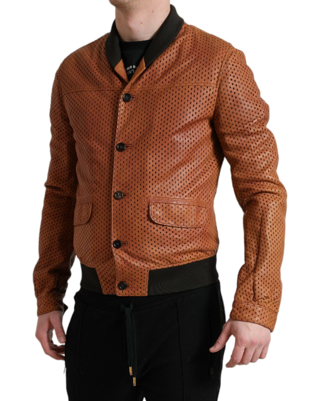 Men’s Dolce &amp; Gabbana Brown Lambskin Leather Perforated Jacket