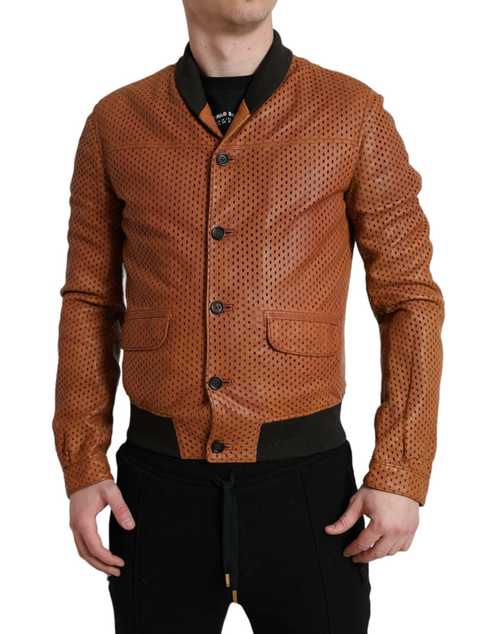 Men’s Dolce &amp; Gabbana Brown Lambskin Leather Perforated Jacket