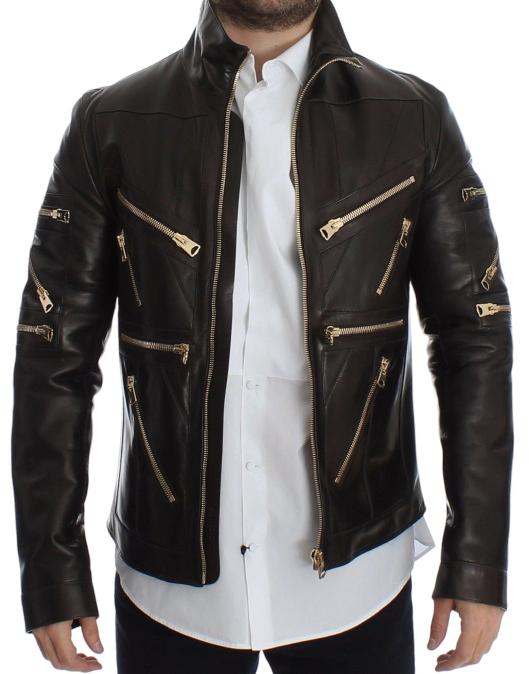 Men’s Dolce &amp; Gabbana Brown Lambskin Leather Zipper Jacket