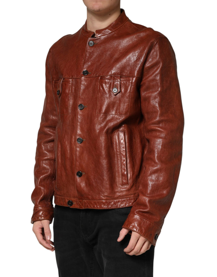 Men’s Dolce &amp; Gabbana Brown Leather Button Down Men Biker Jacket