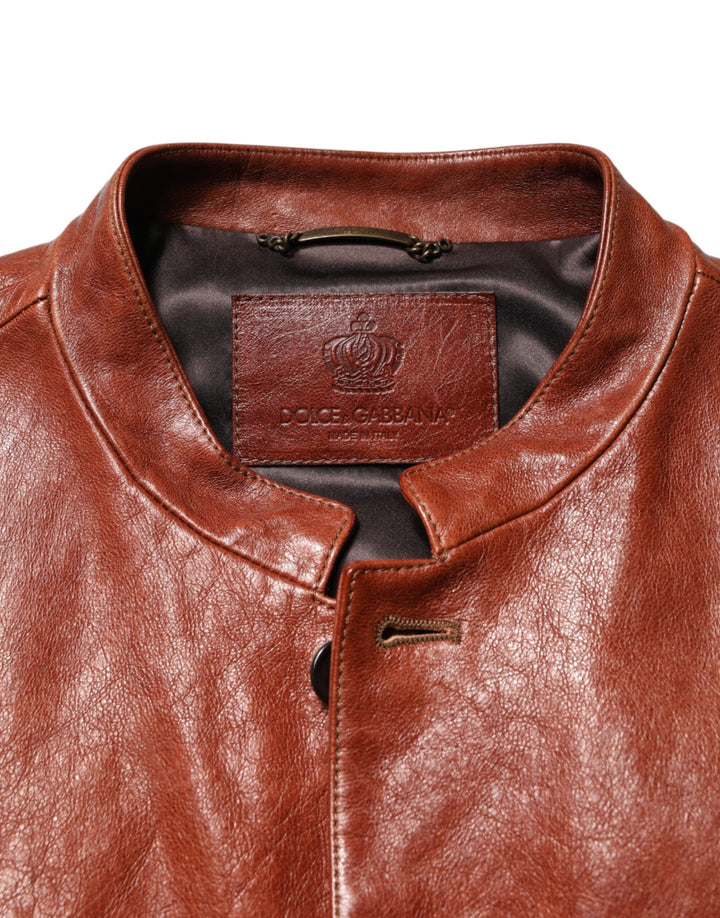 Men’s Dolce &amp; Gabbana Brown Leather Button Down Men Biker Jacket