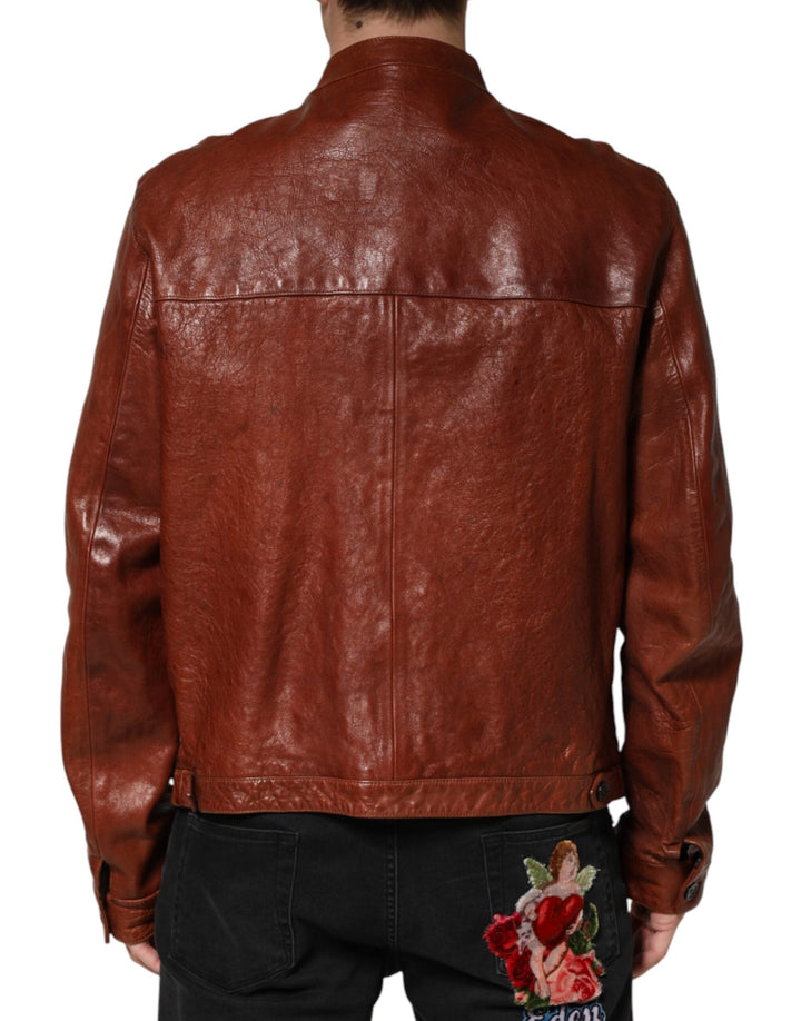 Men’s Dolce &amp; Gabbana Brown Leather Button Down Men Biker Jacket