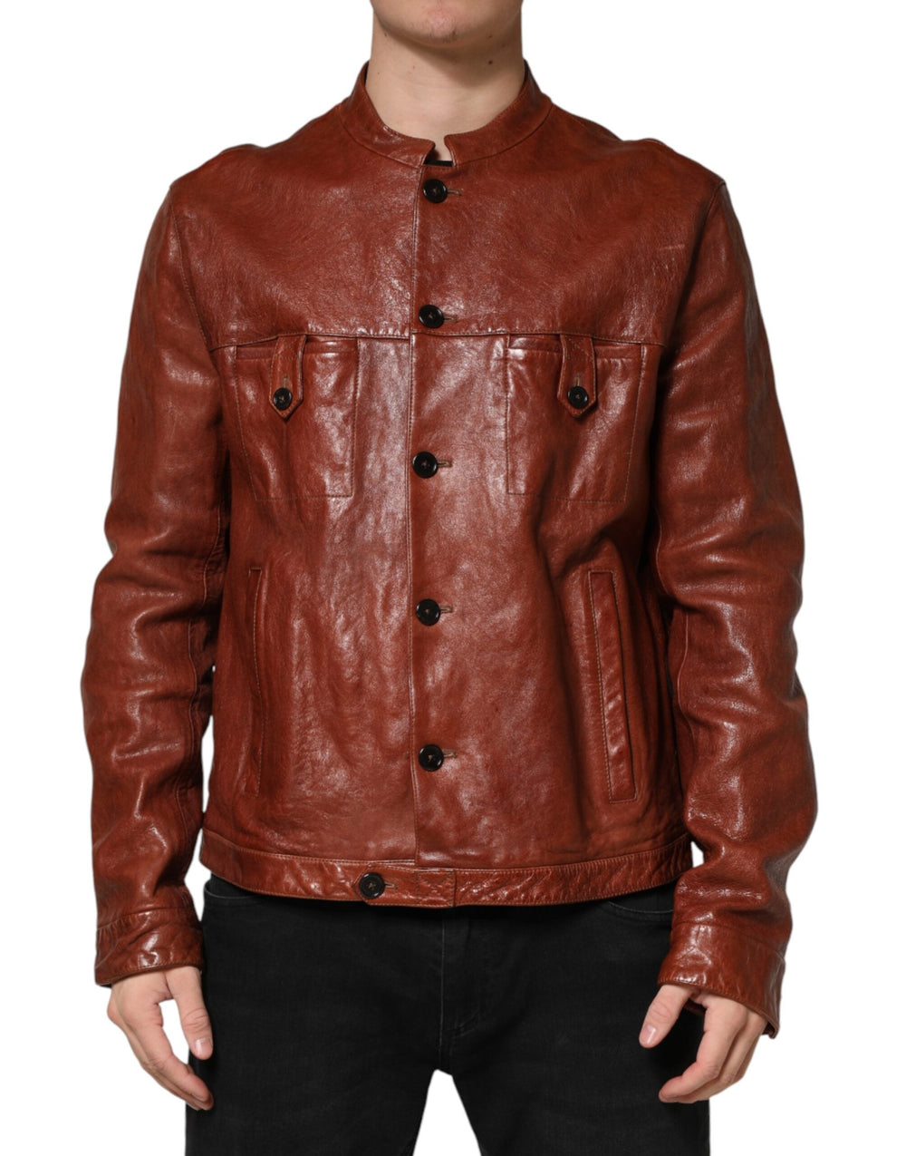 Men’s Dolce & Gabbana Brown Leather Button Down Men Biker Jacket