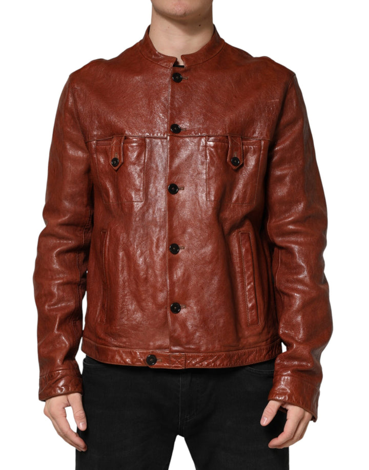 Men’s Dolce &amp; Gabbana Brown Leather Button Down Men Biker Jacket