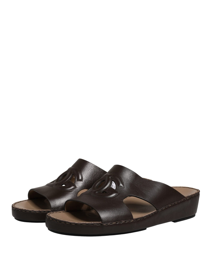 Dolce &amp; Gabbana Brown Leather Cutout DG Logo Sandals Shoes