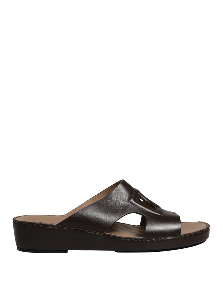 Dolce &amp; Gabbana Brown Leather Cutout DG Logo Sandals Shoes
