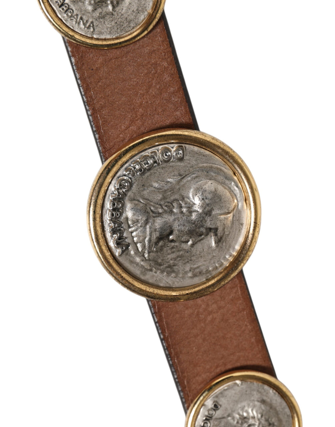 Dolce &amp; Gabbana Brown Leather Gold Silver Coin Buckle Belt