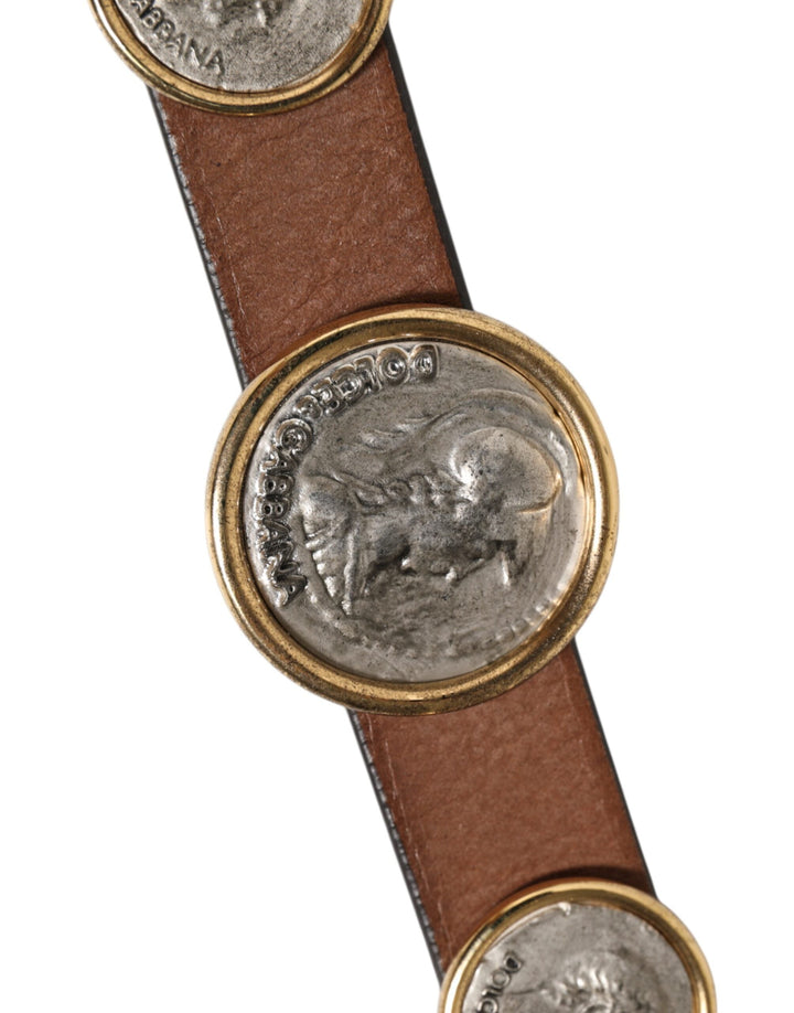 Dolce &amp; Gabbana Brown Leather Gold Silver Coin Buckle Belt