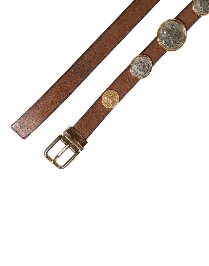 Dolce &amp; Gabbana Brown Leather Gold Silver Coin Buckle Belt