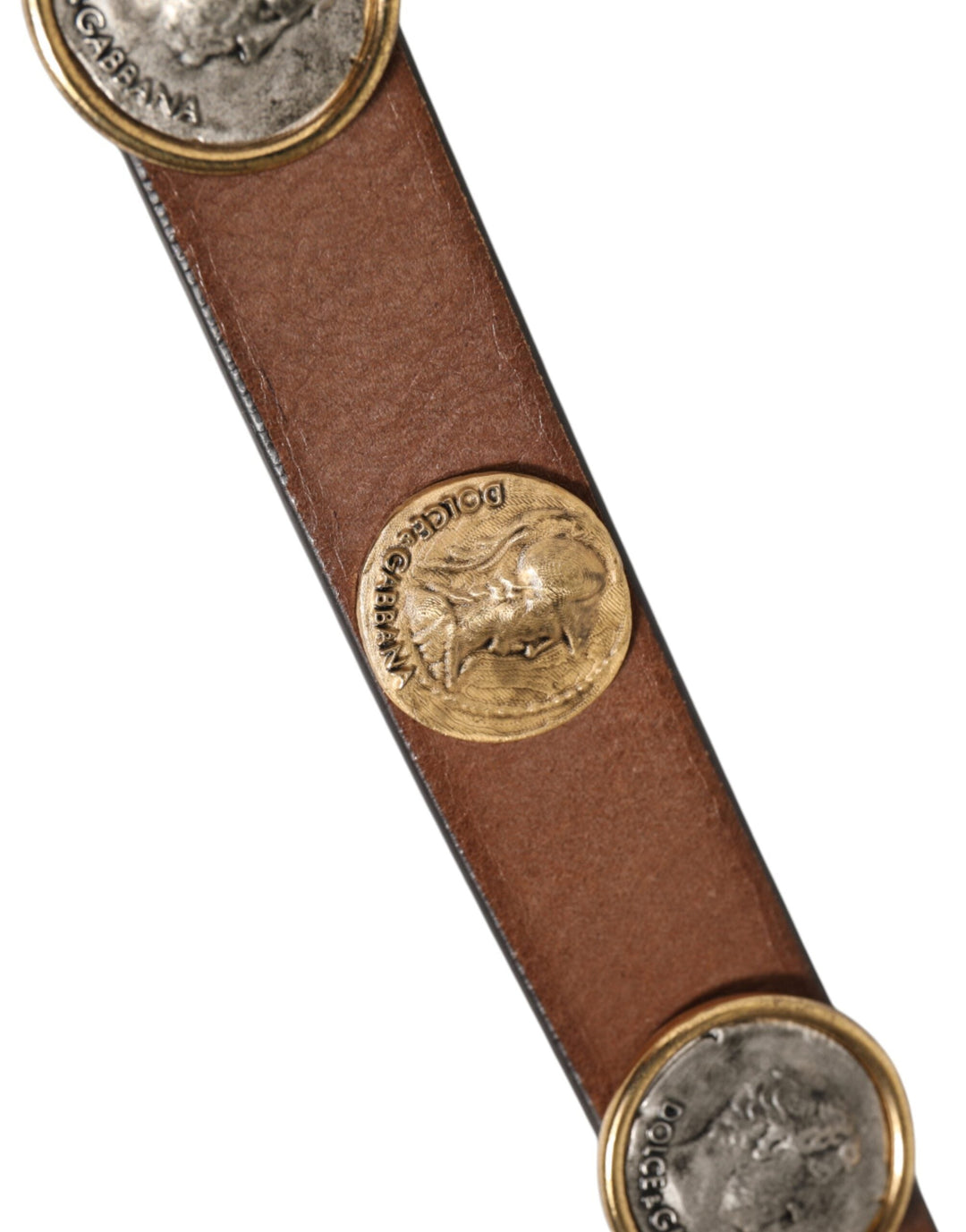 Dolce &amp; Gabbana Brown Leather Gold Silver Coin Buckle Belt