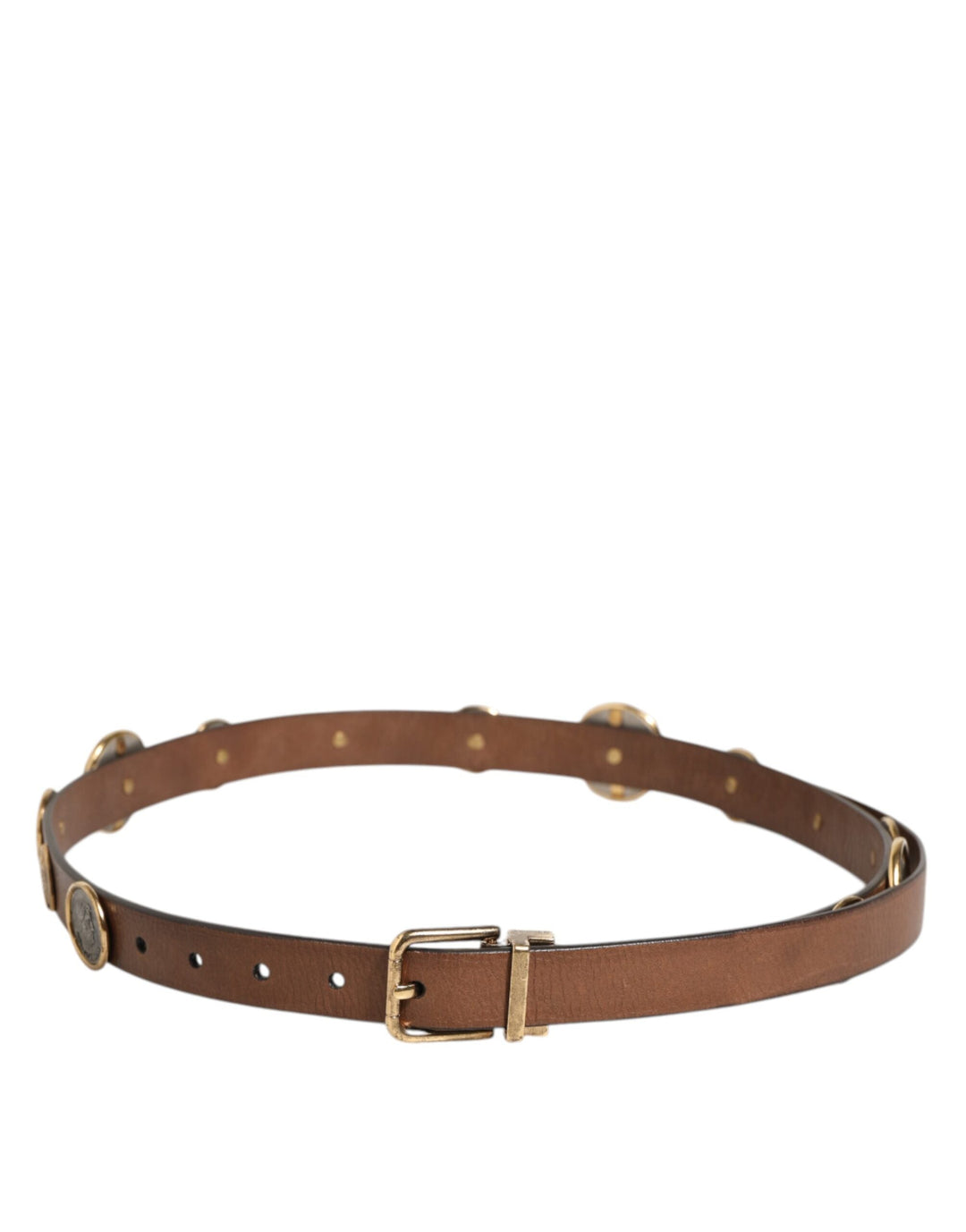 Dolce &amp; Gabbana Brown Leather Gold Silver Coin Buckle Belt