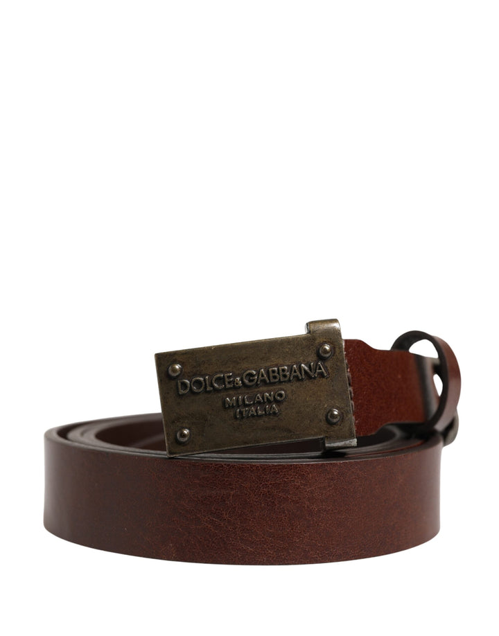 Dolce &amp; Gabbana Brown Leather Logo Metal Buckle Men Belt