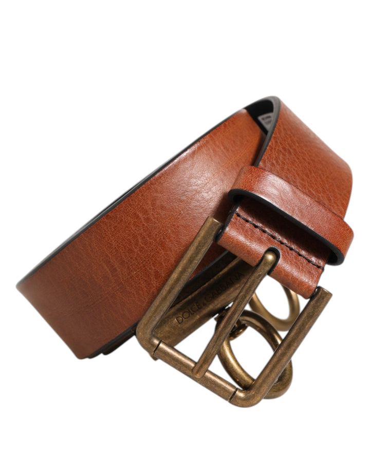 Dolce &amp; Gabbana Brown Leather Side Rings Brass Buckle Belt