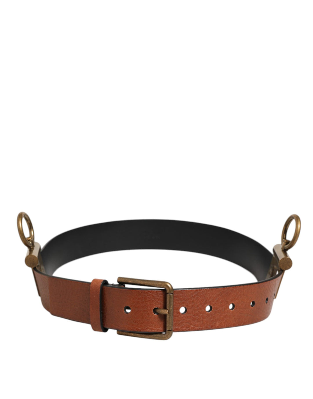 Dolce &amp; Gabbana Brown Leather Side Rings Brass Buckle Belt
