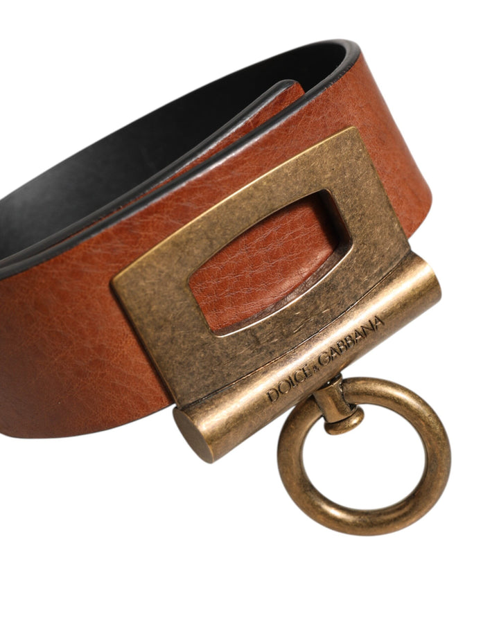 Dolce &amp; Gabbana Brown Leather Side Rings Brass Buckle Belt