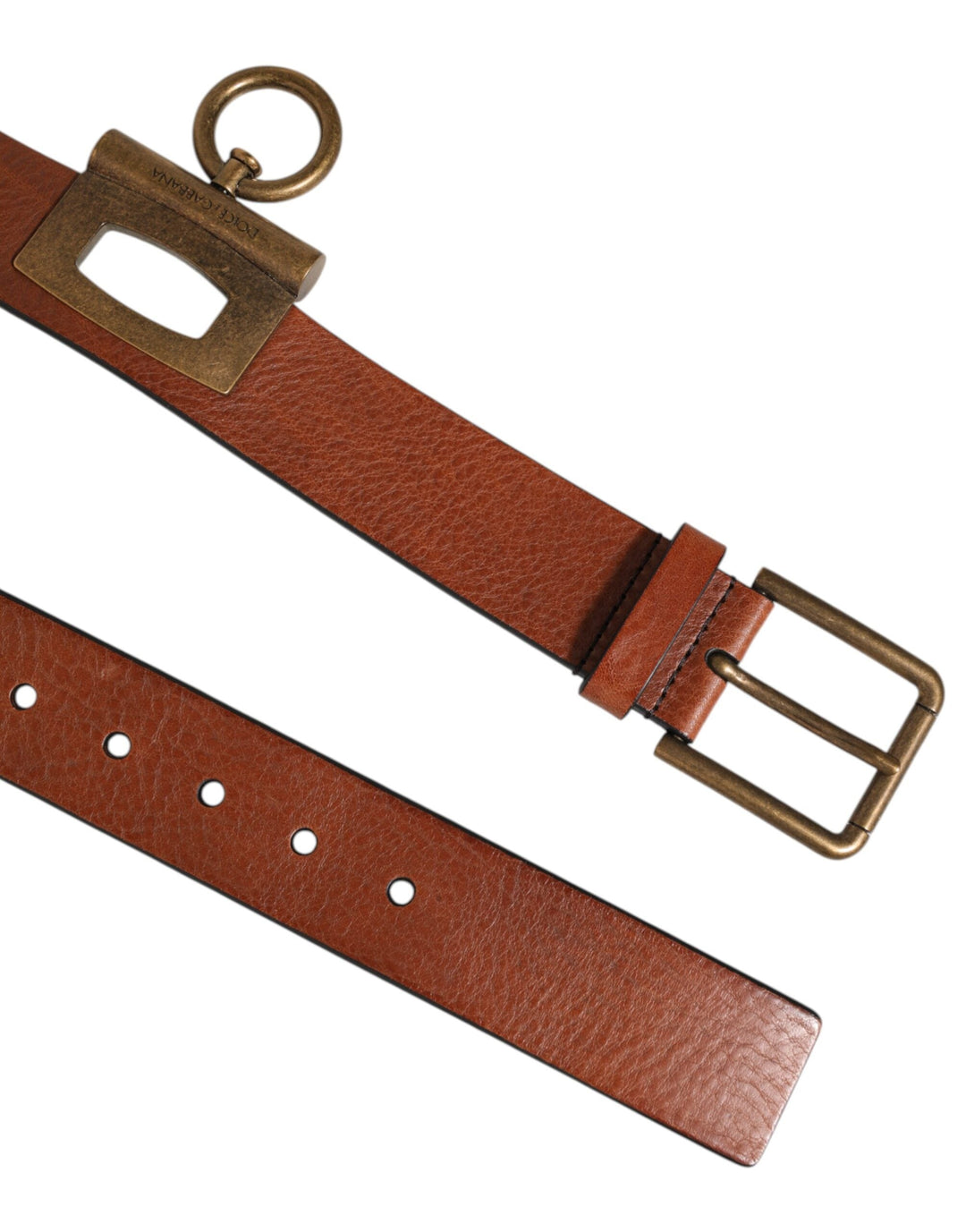 Dolce &amp; Gabbana Brown Leather Side Rings Brass Buckle Belt