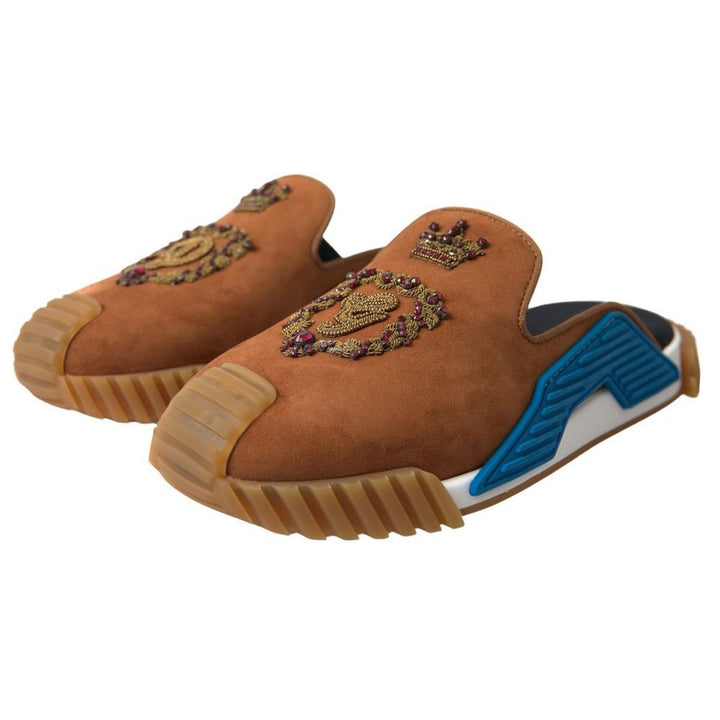 Men’s Dolce &amp; Gabbana Brown Suede Crown Logo Ns1 Slides Sandals