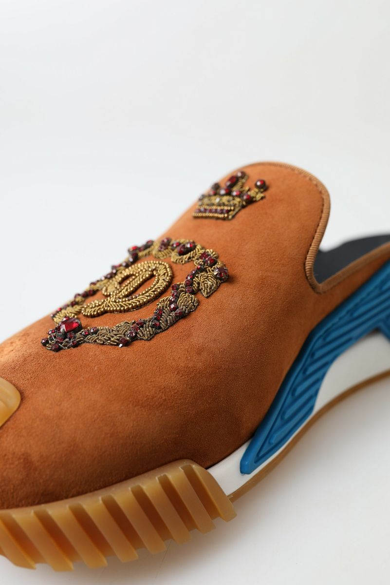 Men’s Dolce &amp; Gabbana Brown Suede Crown Logo Ns1 Slides Sandals