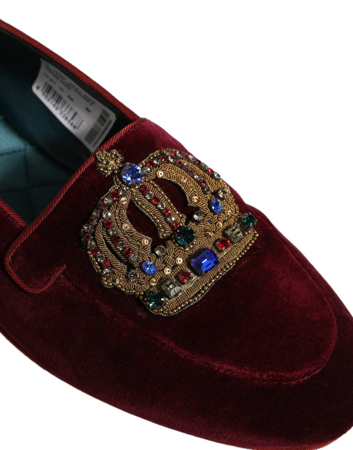Men’s Dolce &amp; Gabbana Burgundy Velvet Crown Slip on Loafers Shoes