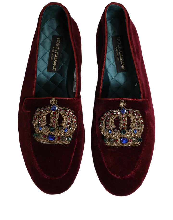 Men’s Dolce &amp; Gabbana Burgundy Velvet Crown Slip on Loafers Shoes
